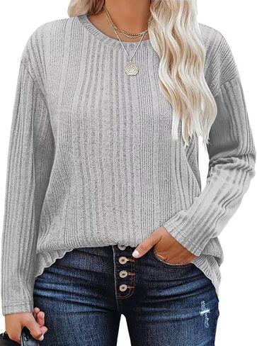 DOLNINE Plus-Size-Tops for Women Casual Crewneck Shirts Comfy Long Sleeve Tees Ribbed Knit Lightweight Sweatshirts XL-5XL in Kuwait