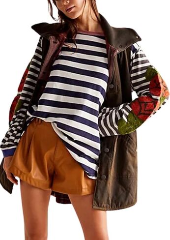 Women's Oversized Fuzzy Embroidery Sweatshirts Colorblock Striped Crewneck Long Sleeve Patchwork Pullover Tops in Kuwait
