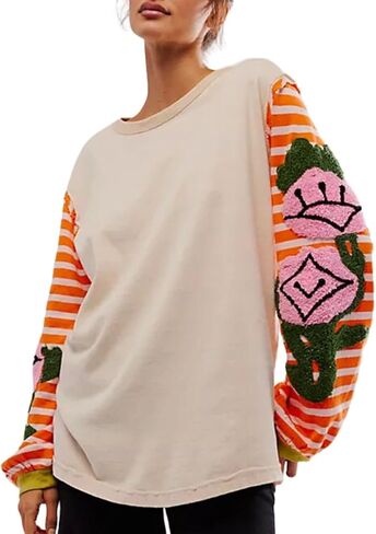 Women's Oversized Fuzzy Embroidery Sweatshirts Colorblock Striped Crewneck Long Sleeve Patchwork Pullover Tops in Kuwait