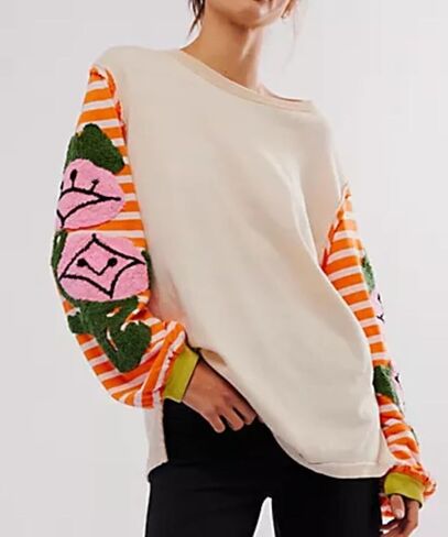 Women's Oversized Fuzzy Embroidery Sweatshirts Colorblock Striped Crewneck Long Sleeve Patchwork Pullover Tops in Kuwait