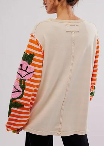 Women's Oversized Fuzzy Embroidery Sweatshirts Colorblock Striped Crewneck Long Sleeve Patchwork Pullover Tops in Kuwait