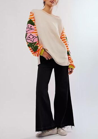 Women's Oversized Fuzzy Embroidery Sweatshirts Colorblock Striped Crewneck Long Sleeve Patchwork Pullover Tops in Kuwait