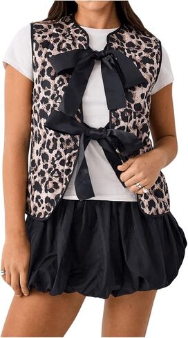 GORGLITTER Women's Leopard Print Bow Tie Front Vest Cardigan Cheetah Print Crew Neck Sleeveless Outerwear Streetwear in Saudi Arabia