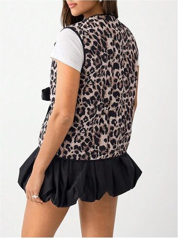 GORGLITTER Women's Leopard Print Bow Tie Front Vest Cardigan Cheetah Print Crew Neck Sleeveless Outerwear Streetwear in Saudi Arabia