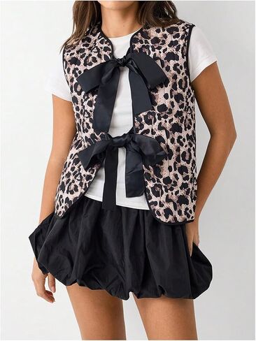 GORGLITTER Women's Leopard Print Bow Tie Front Vest Cardigan Cheetah Print Crew Neck Sleeveless Outerwear Streetwear in Saudi Arabia