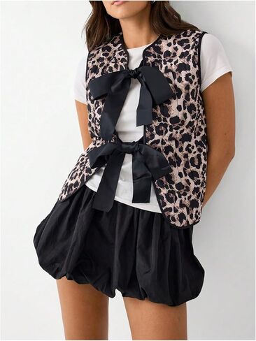 GORGLITTER Women's Leopard Print Bow Tie Front Vest Cardigan Cheetah Print Crew Neck Sleeveless Outerwear Streetwear in Saudi Arabia