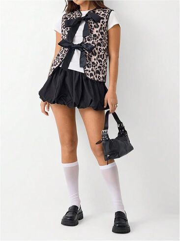 GORGLITTER Women's Leopard Print Bow Tie Front Vest Cardigan Cheetah Print Crew Neck Sleeveless Outerwear Streetwear in Saudi Arabia