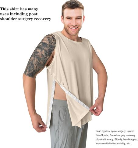 Unisex Post Shoulder Surgery Tank Tops Snap Open Tearaway Shirt Arm Chest Recovery Side Snap Access Tear Way Shirts in Kuwait