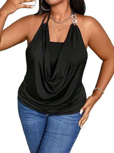 SOLY HUX Women's Plus Size Tops Cowl Neck Draped Tie Back Halter Cami Top in Saudi Arabia
