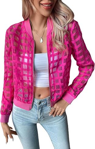 Milumia Women's Summer Mesh Sheer Bomber Jacket Cropped Baseball Collar Long Sleeve Outwear in Saudi Arabia