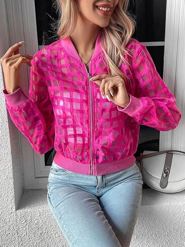 Milumia Women's Summer Mesh Sheer Bomber Jacket Cropped Baseball Collar Long Sleeve Outwear in Saudi Arabia