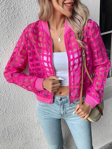 Milumia Women's Summer Mesh Sheer Bomber Jacket Cropped Baseball Collar Long Sleeve Outwear in Saudi Arabia