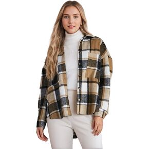 Women's Casual Plaid Shacket Long Sleeve Button Down Flannel Shirts Jacket Coats with Side Pockets