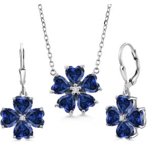 Gem Stone King 10.45 Cttw Blue Created Sapphire and White Lab Grown Diamond Pendant Necklace Earrings Jewelry Set For Women In 925 Sterling Silver | Heart Shape 6MM | With 18 Inch Chain