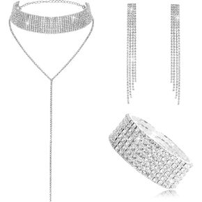 Fumwase 3 Pcs Prom Jewelry Sets Silver Prom Choker Necklace Dangling Rhinestone Earrings Bracelet Bridal Jewelry Set for Party Prom Wedding Jewelry Set for Bride Bridesmaid Women Costume Accessory Set