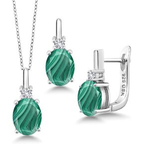Gem Stone King 925 Sterling Silver Green Malachite and White Created Sapphire Pendant Earrings Set For Women (7.65 Cttw, with 18 Inch Chain)