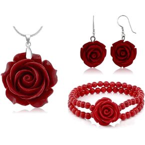 Gem Stone King 35mm Red Simulated Coral Carved Rose Flower Pendant With 16 Inch + 2 Inch Extender Chain, 20mm 925 Sterling Silver Rose Earrings and 7 Inch Stretch Bracelet Set | Jewelry Set for Women
