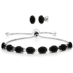 Gem Stone King 11.60 Cttw Black Onyx Bracelet and Earrings Jewelry Set For Women In 925 Sterling Silver | Gemstone December Birthstone | Oval 7X5MM | Fully Adjustable Up to 9 Inch