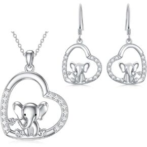 Elephant Necklace and Earrings S925 Sterling Silver Heart Elephant Pendant Necklace Jewelry Gifts for Women