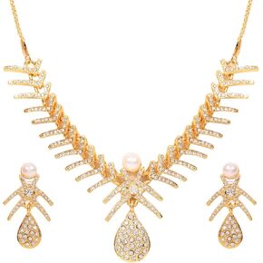Touchstone Indian Bollywood Traditional Style Rhinestone Designer Jewelry Necklace Set in Gold Or White Tone for Women.
