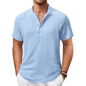 COOFANDY Men's Casual Henley Shirt Short Sleeve Summer Shirts Linen Band Collar Summer Beach Hippie T-Shirts