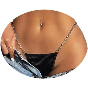 Sexy Rhinestone Waist Chain Thong Panties Summer Belly Chain Adjustable Elastic Crystal Chain Thong Panties Bikini Rave G String Waist Body Jewelry for Women (Silver)