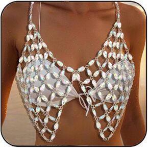 Aukmla Crystal Body Bra Chain Silver Sparkly Rhinestones Halter Chest Chains Beach Bikini Nightclub Body Jewelry for Women