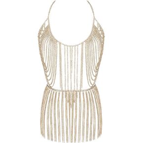 Connie Cloris Women's Sexy Body Chain Suit Fashion Halter Bra Chain Body Jewelry (206-E-Gold color)