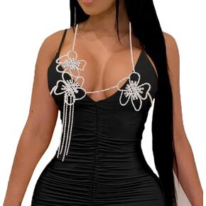 Formery Statement Chest Chain Layered Rhinestone Floral Body Chain Jewelry Crystal Tassel Nightclub Festival Party Bikini Chains Accessories for Women (Silver)