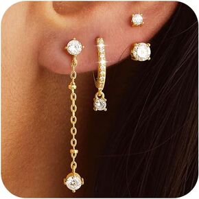 3 Pairs Earrings Set for Multiple Piercings, Gold Stackable Earrings for Women, Gold Studs Hoop Earrings Stack, Gold Dangle Earrings Set, CZ Earrings Hypoallergenic for Sensitive Ears, Gift in Kuwait
