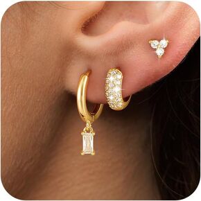 3 Pairs Earrings Set for Multiple Piercings, Gold Stackable Earrings for Women, Gold Studs Hoop Earrings Stack, Gold Dangle Earrings Set, CZ Earrings Hypoallergenic for Sensitive Ears, Gift