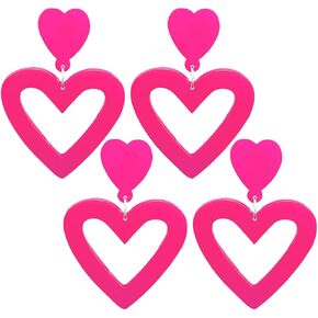 2 Pairs Hot Pink Heart Earrings For Women Red Baublebar Earrings Acrylic Candy-colored Earrings Lightweight Double Love Heart Drop Earrings