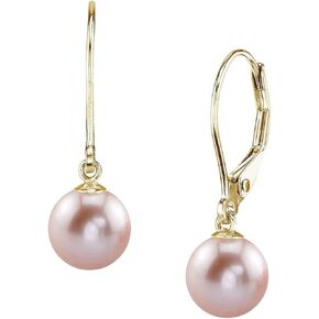 THE PEARL SOURCE 14K Gold AAAA Quality Round Genuine Pink Freshwater Cultured Pearl Leverback Earrings for Women