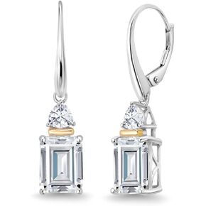 Gem Stone King 925 Sterling Silver and 10K Yellow Gold White Moissanite Dangle Earrings For Women (5.50 Cttw, Emerald Cut 9X7MM, Trillion 4MM)