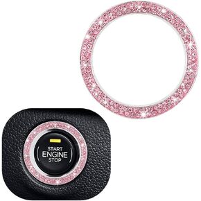 Car Engine Start Stop Decoration Ring, Sparkling Crystal Vehicle Push Button Start Sticker, Double Rhinestone Engine Ignition Button Decal, Universal Car Accessories (Pink)