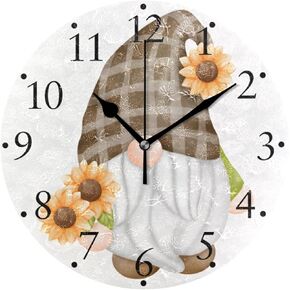 Sunflower Gnome Wall Clock Silent Non Ticking Modern Art Round Wall Clock Hanging Battery Operated Clock for Kitchen Living Room Bedroom Decor