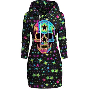 ROSE GAL Rosegal Plus Size Goth Hoodie Dress 3D Skulls Stars Printed Front Pocket Halloween Hoodie Dress