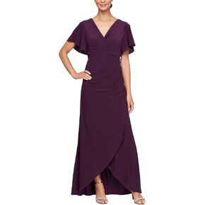 S.L. Fashions Women's Long Length Hi-Low Gown with Flutter Sleeves and Hip Embellishment, Faux Wrap Wedding Guest Dress