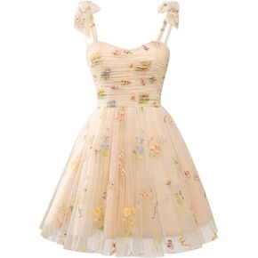 Women's Tie Strap Tulle Prom Dresses Sweetheart Flower Embroidery Dress Short Formal Party Mini Homecoming Dresses