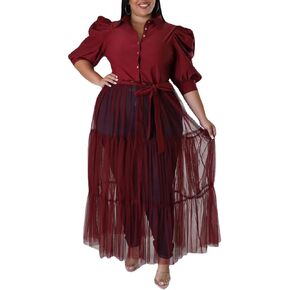 Sunlips Women's Sexy Plus Size Lapel Shirt Dresses Mesh See Through Puff Short Sleeve Flowy Swing Dress Clubwear