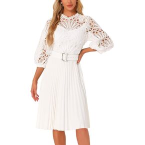 Allegra K Women's Elegant Lace Crochet Lantern Sleeves Belt Loose Pleated Midi Dress