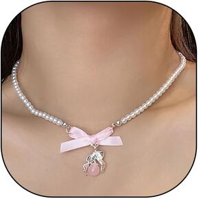 Bow Heart Pendant Pearl Necklace for Women Cute 14k Gold Plated Heart Pearl Adjustable Choker Fashion Accessories for Women Jewelry Gift (Silver bow)