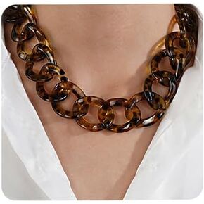 Aimimier Punk Chunky Leopard Print Link Chain Acrylic Choker Necklace for Women Oval Link Chain Faux Tortoise Shell Necklace Hiphop Costume Accessories
