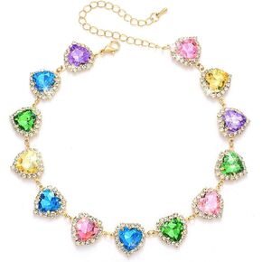 Colorful Crystal Choker Necklace Gold Heart Sparkly Rhinestone Chokers Chain Love Rave Party Prom Necklaces Jewelry for Women