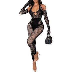 Floerns Women's See Through Halter Long Sleeve Hollow Out Mesh One Piece Jumpsuit