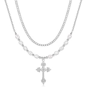 MJartoria Layered Faux Pearl Cross Necklace Statement Necklace for Women Dainty Chain Choker Necklace Party Wedding Jewelry Set Gifts