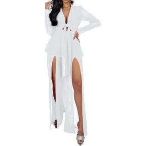 Sexy 2 Piece Outfits for Women Clubwear Mesh Lapel Blazer Top Slit Wide Leg Pants Set Birthday Outfits