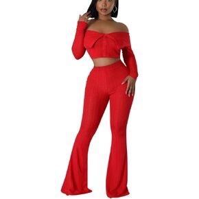 Bluewolfsea Womens Cute Two Piece Outfits Flare Pants Sexy Off Shoulder Long Sleeve Crop Top Pants Set Clubwear