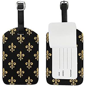 susiyo Golden Fleur-De-Lis Floral Black Luggage Tag, 2 Pcs PU Leather Travel Suitcase Labels ID Tags for Baggage
