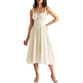 Scarlet Darkness Women's Ruched Bust Corset Dress Flowy Milkmaid Dress with Pockets
